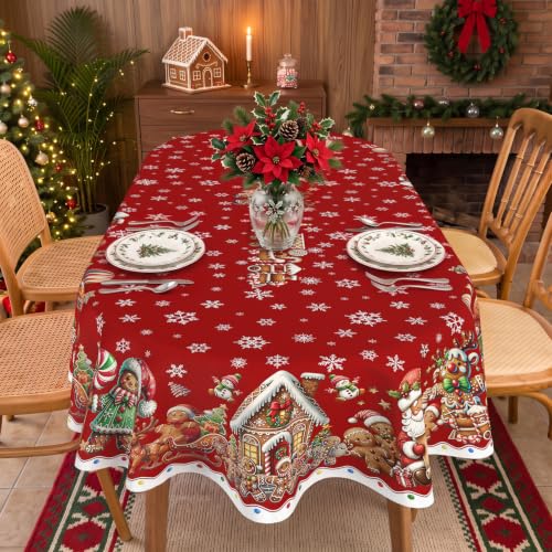Christmas Gingerbread Red Oval Tablecloth 60 x 120 Inches Waterproof & Machine Washable - Holiday Dining Decor