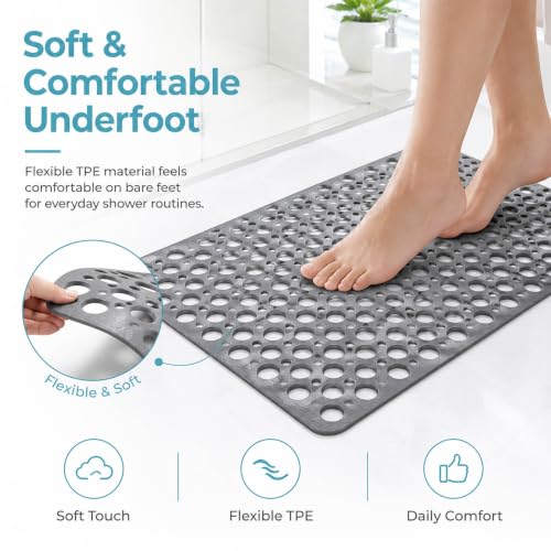 Non-Slip Shower Mat with Suction Cups, Washable Bathtub Mat - Grey 27.6x15"
