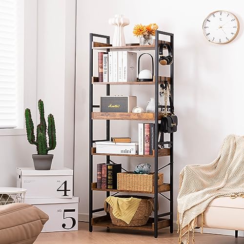 6-Tier Adjustable Industrial Bookcase with Storage Hooks, Rustic Wood