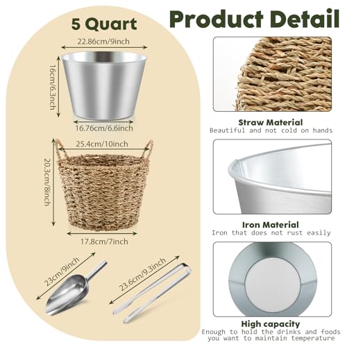 5 Quart Wicker Outer Ice Bucket with Scoop and Tongs for Parties & Barbecues