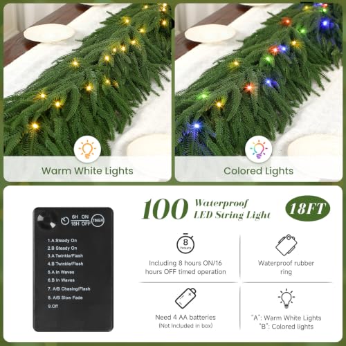 18FT Norfolk Pine Artificial Christmas Garland with Lights - Outdoor/Indoor Pre-lit, 100 Multi-Color LEDs (Alupssuc 18FT / 1)
