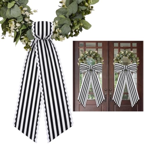 Black and White Striped Wreath Sash 2-Piece Set for Front Door Holiday Decor