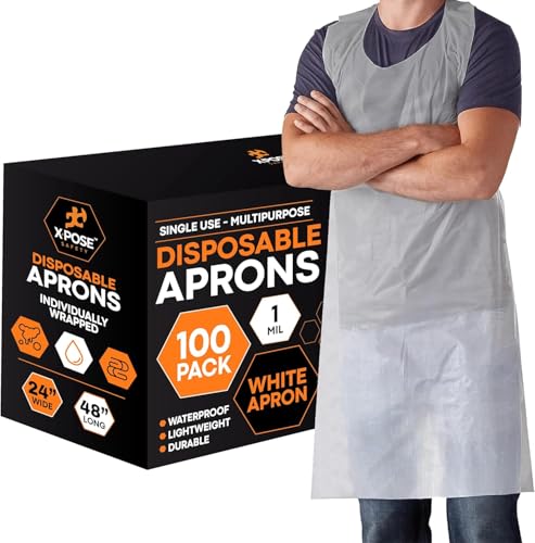 100 Pack Disposable Waterproof Polyethylene Aprons, 24" x 48" White
