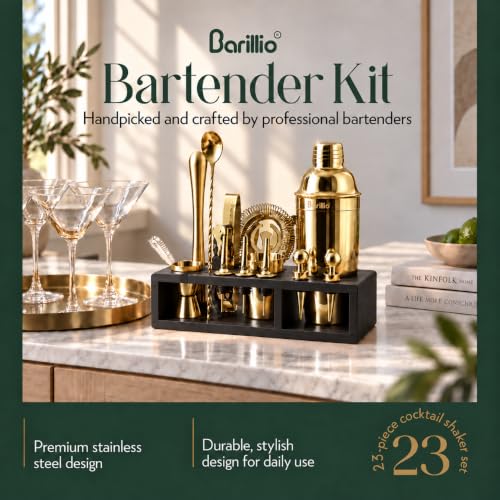 Gold Bartender Kit with Black Bamboo Stand - 23-Piece Cocktail Bar Set for Home Use