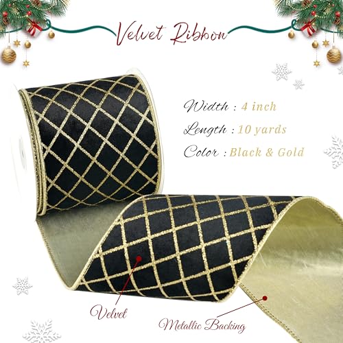 MAYREEL Black & Gold Velvet Wired Ribbon 4 Inch x 10 Yards Christmas Decor