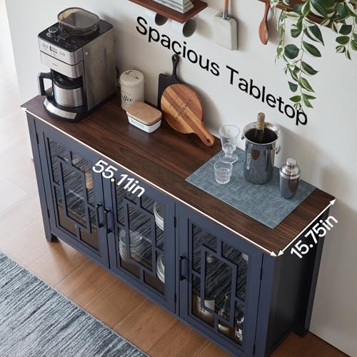55-Inch Farmhouse Sideboard Buffet Cabinet with 3 Glass Doors, Navy Blue
