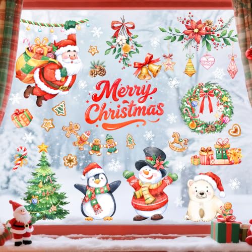 Christmas Santa Snowman Window Clings - Reusable Holiday Decor, Santa Claus Variation