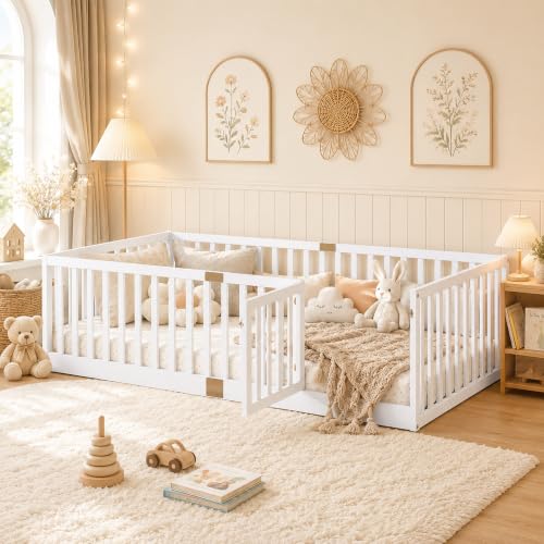 Twin Montessori Floor Bed Frame with High Guardrails and Door