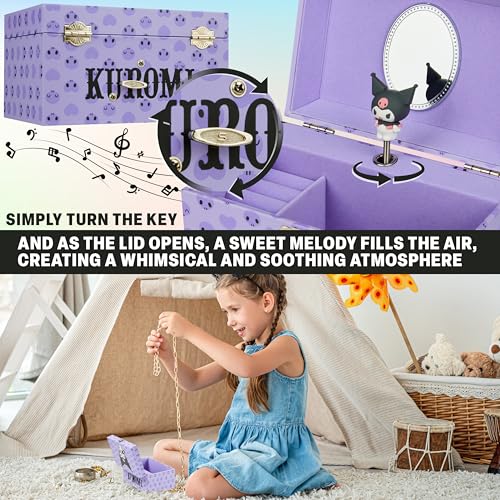 Purple Musical Jewelry Box for Girls, Kawaii Keepsake Organizer with Ring Holder