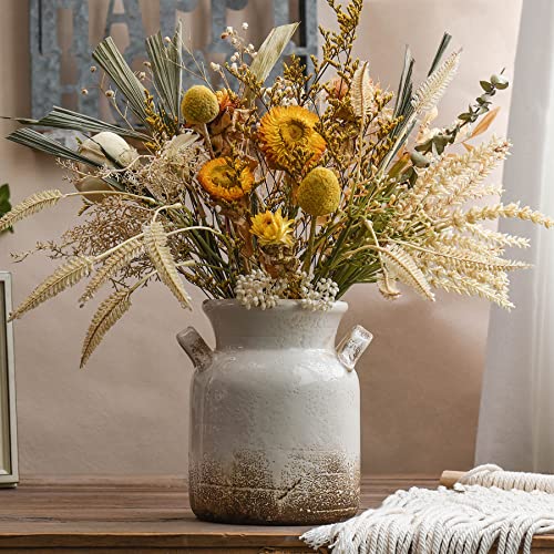 Rustic Ceramic Farmhouse Vase - Distressed White Flower Vase with Handles