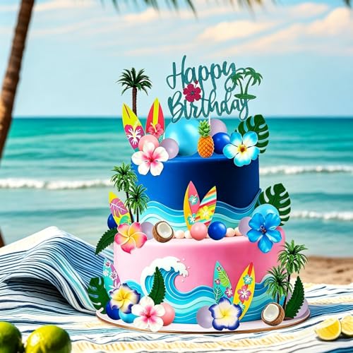49-Piece Hawaiian Cake Topper Set, Summer Beach Party Cake Decorations