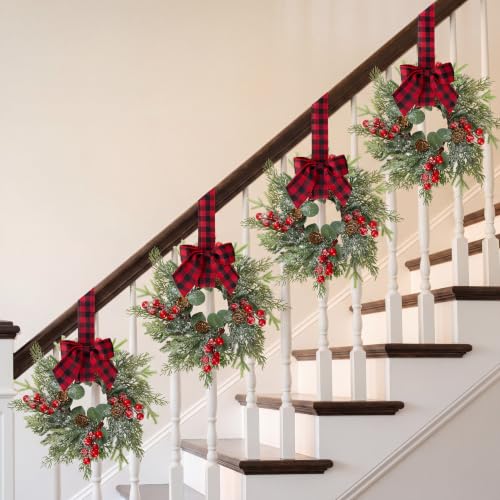 Sggvecsy 4-Pack Mini Christmas Cabinet Wreaths with Norfolk Pine & Burlap Bows
