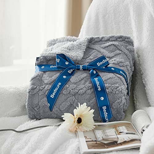 Bedsure Gentlesoft Sherpa Fleece Blanket Twin Size for Bed - Fluffy & Cozy Cable Jacquard Tufted for Women Gift, Thick and Warm Christmas Blanket for Winter, Grey, 60x80 Inches