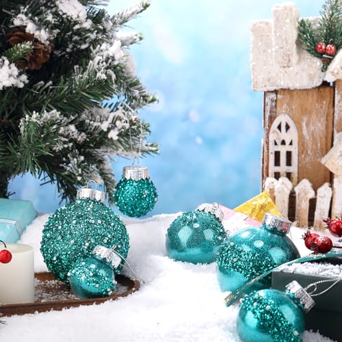 Civaner 24 pcs Teal Glitter Christmas Ornaments Set - Holiday Tree Decorations