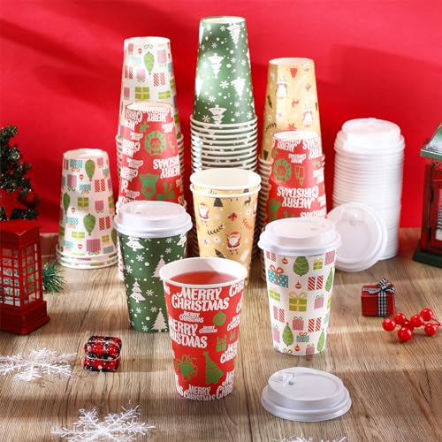 16 oz Christmas Disposable Coffee Cups with Lids – 100 Pack by Zhehao