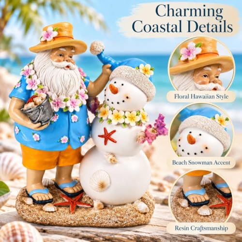 Coastal Hawaiian Santa & Snowman Figurine - 9.4in Beach Christmas Table Decor, Colorful