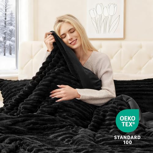 Fluffy Queen Comforter Set - 3 Piece Soft Faux Fur Stripe Bedding Set
