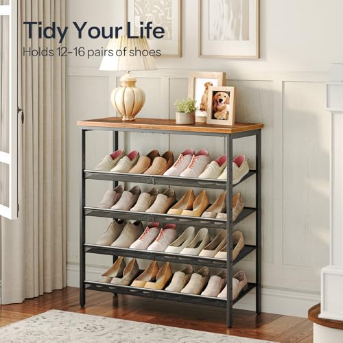 5-Tier Industrial Shoe Rack, Adjustable Metal Mesh Entryway Organizer