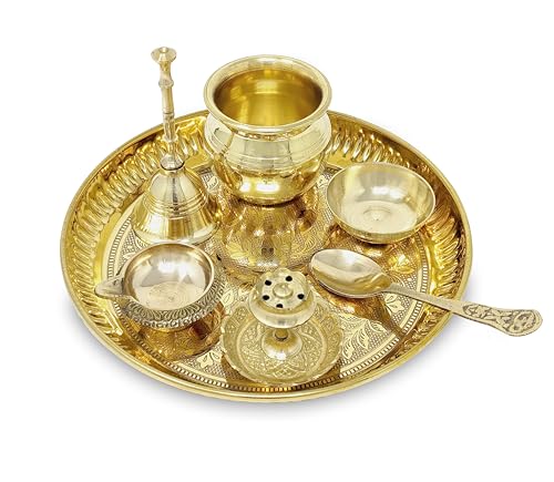 6-Inch Brass Pooja Thali Set with Ritual Items in Velvet Gift Box