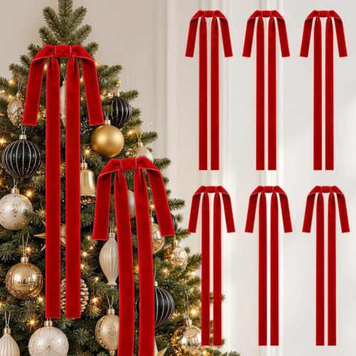 TAOYE 6-Pack Long Red Velvet Christmas Bows 15 x 24 in – Single-Sided Decorative Ornaments