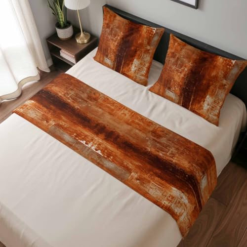 Burnt Orange Bed Runner and Pillow Covers Set - Abstract Art Queen Bed Scarf