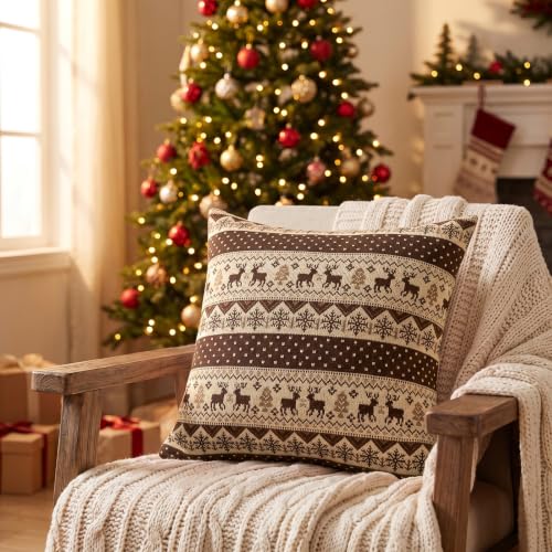 Artscope Christmas Knitted Throw Pillow Covers 18x18in Brown, Set of 2