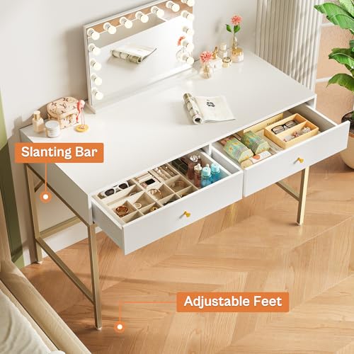 Modern 47-Inch Vanity Desk with Two Drawers, White and Gold Makeup Table