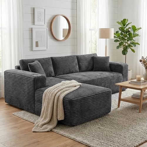 103-inch Modular L-Shaped Sectional Sofa with Cup Holders, Dark Gray Corduroy