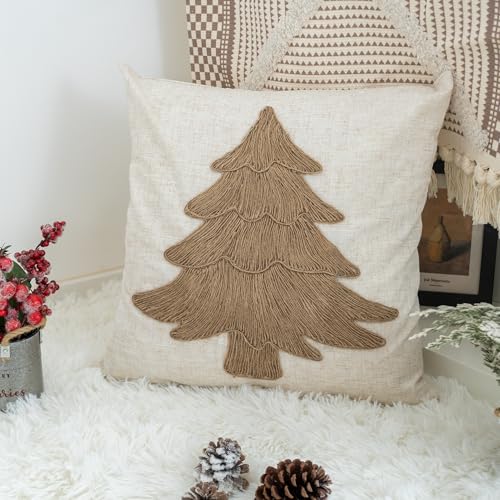Rope Embroidered Christmas Tree Pillow Cover 18x18in Burlap Rustic Farmhouse Holiday Decor - Pack of 1