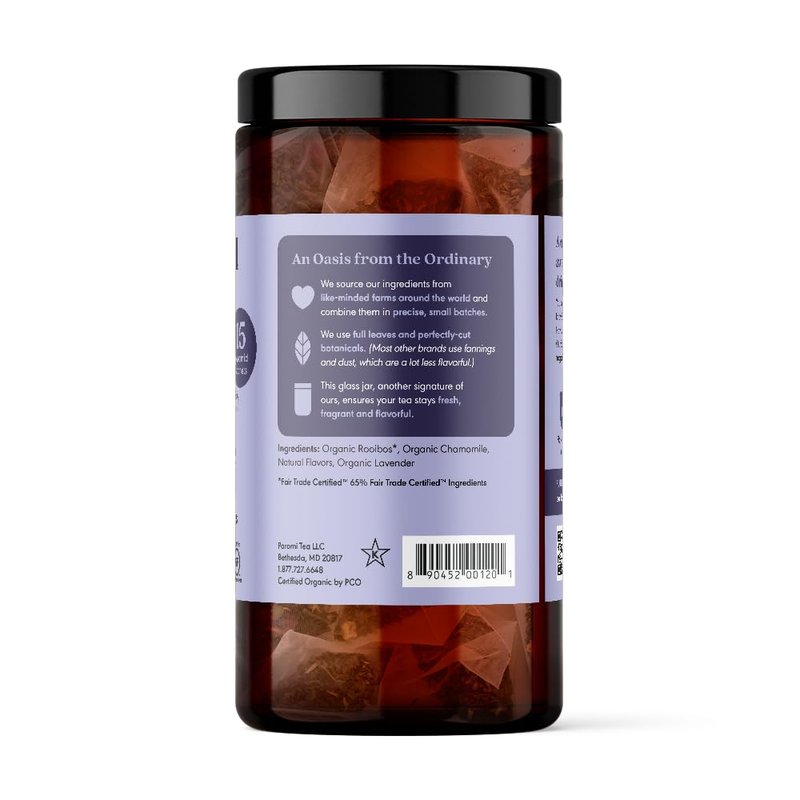 Paromi Chamomile Lavender Rooibos Organic Tea, Signature Jar, 15 Count (Pack of 6)