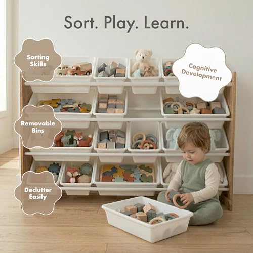 4-Tier Kids Toy Organizer with 20 Removable Bins - Sturdy Wood Storage Shelf