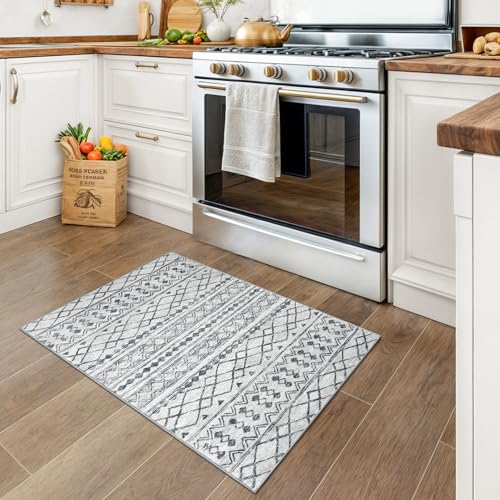 2x3 Grey Moroccan Boho Washable Area Rug, Non-Slip Low Pile Door Mat