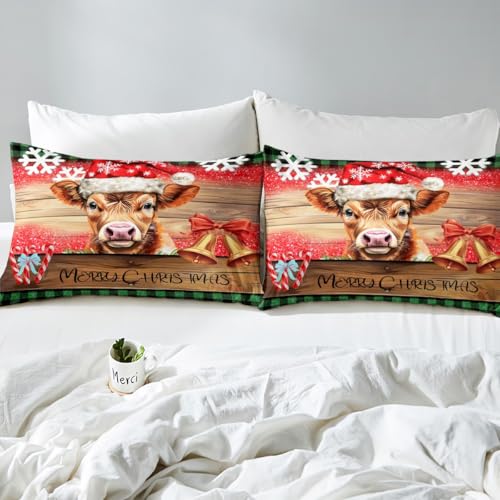 Manfei Christmas Cattle Queen Bedding Set with Flat Sheet & Pillowcases, 60x80 Deep Pocket Fitted, Brown-Red-Green