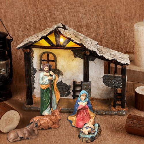 Fovths 12 Inch Lighted Nativity Stable Manger Resin Christmas Decor