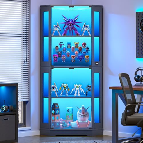 IRONCK 71-Inch Carbon Fiber Corner Glass Display Cabinet with Sensor Lighting, Black