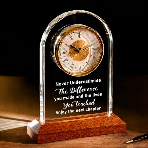 Engraved Glass Retirement Desk Clock with 3-Color LED Wooden Base