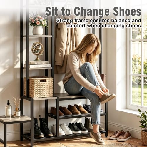 Industrial Hall Tree with Shoe Storage Bench and 7-Hook Coat Rack - Grey