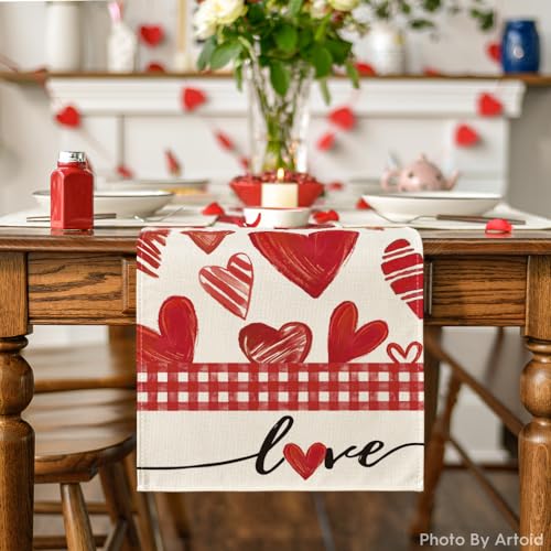Artoid Mode Red Buffalo Plaid Love Heart Table Runner 13x120 Inch for Dining & Parties