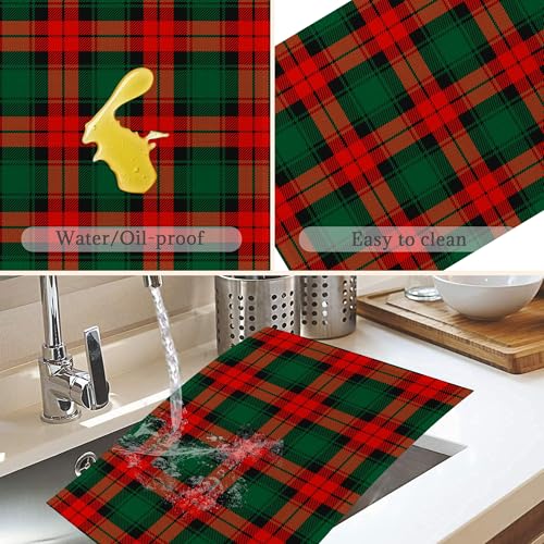 Christmas Plaid Placemats Set of 6 - Washable 12x18 Inch Linen Table Mats, Green & Red Holiday Decor