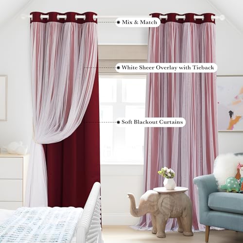 PONY DANCE Red & Blackout Curtains with White Sheer Overlay, 52"W x 84"L, Pack of 2 - Girls Bedroom Decor