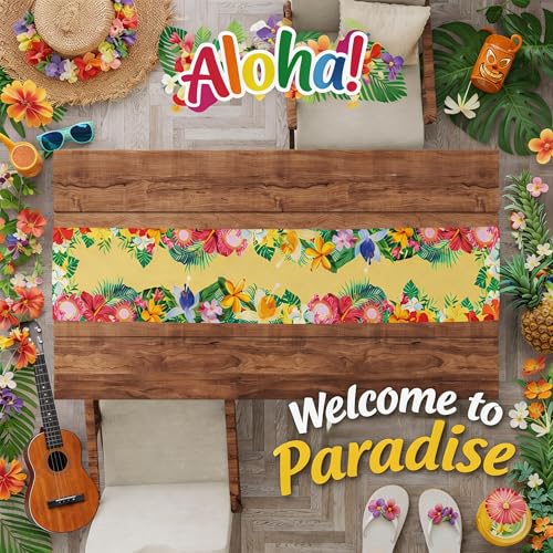 Tropical Hibiscus Palm Leaf Table Runner - 73-Inch Luau Party Decor