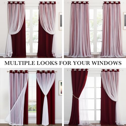 PONY DANCE Red & Blackout Curtains with White Sheer Overlay, 52"W x 84"L, Pack of 2 - Girls Bedroom Decor