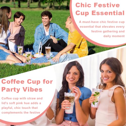 20oz Pink Plastic Ribbed Tumblers Set of 4 with Lids & Straws - Reusable Iced Coffee & Smoothie Cups
