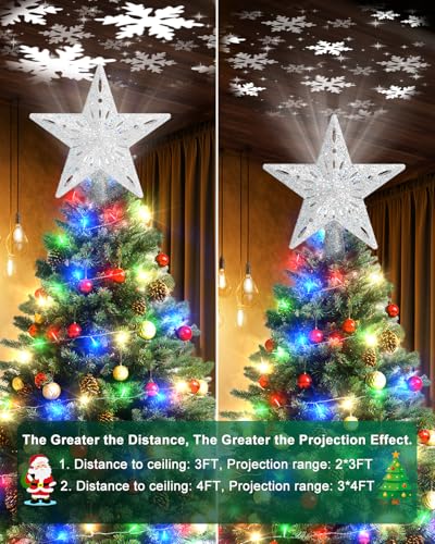 Silver Lighted Christmas Tree Topper Star with 3D Rotating LED Projector