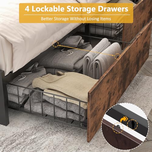 Queen Platform Bed Frame with 4 Storage Drawers, LED & Charging Station