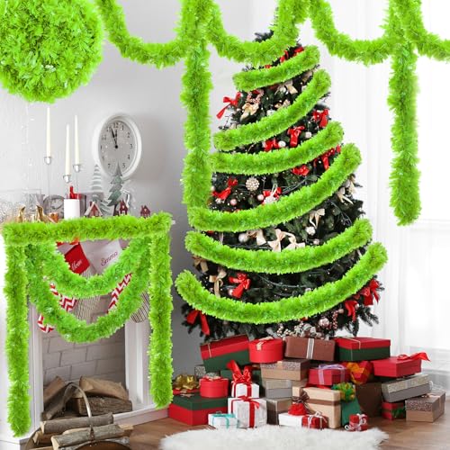 Lime Green Metallic Tinsel Garland - 131 Ft Glitter Twist Decor for Christmas