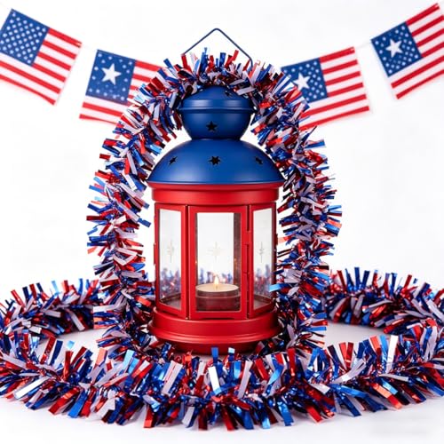 33ft Red White and Blue Patriotic Tinsel Garland for 4th of July Decor