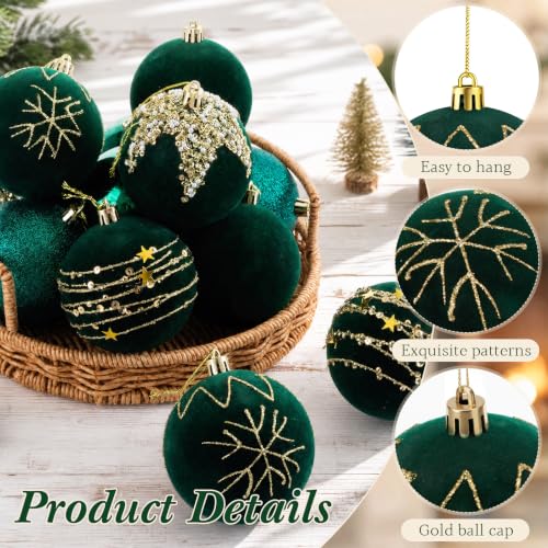 Syhood Dark Green Velvet Christmas Ball Ornaments Set - 12 Pcs 3.15 Inch Holiday Decor