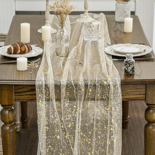 Beige Gold Metallic Foil Table Runner - 28x120 Sheer Gauze Party Decor