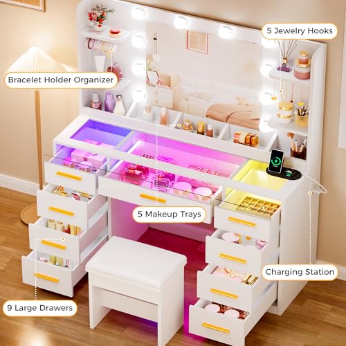 Large Vanity Desk with Mirror, RGB LED Lights, Glass Top and 9 Drawers